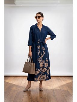 Jisora - Women Blue Silk Dress with Belt