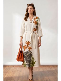 Jisora - Women Off White Cotton Flex Dress with Belt