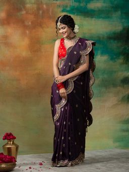 WeaverStory - Purple Scallop Border Handloom Banarasi Saree With Unstitched Blouse