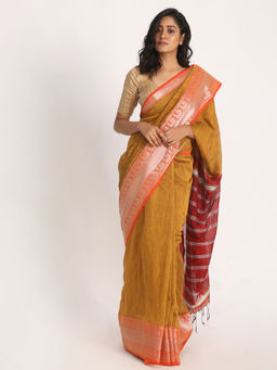 Angoshobha - Mustard Handloom Cotton Tangail Saree with Unstitched Blouse