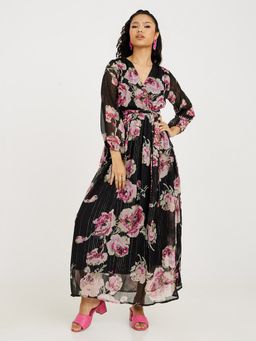 Styli - Black V Neck Floral Print Wrap Maxi Dress with Belt (Set of 2)