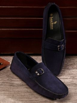 Louis Stitch - Blue Italian Suede Leather Side Buckle Penny Loafer