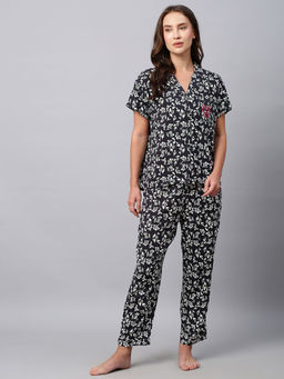 Chemistry - Floral Black Printed Rayon Night Suit Pyjama & Shirt (Set of 2)