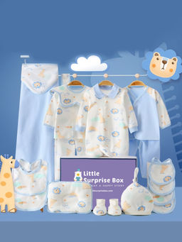 Little Surprise Box - Blue Animal Kingdom Newborn Unisex Gift Box Hamper (Set of 17) (0-12 Months)