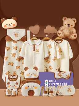Little Surprise Box - Brown Cream Lovely Bear Newborn Unisex Gift Box Hamper (Set of 19) (0-12 Months)