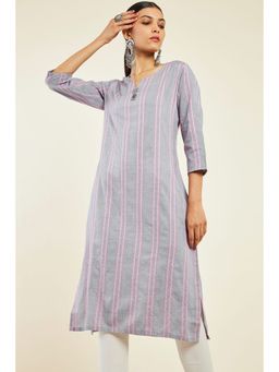 Soch - Women Grey Cotton Stripes Kurta