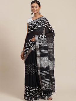 Yufta - Black Linen Blend Block Print Saree with Unstitched Blouse