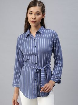 SHOWOFFFF - Women Slim Fit Regular Sleeves Blue Vertical Stripes Shirt