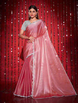 Tikhi Imli - Pink Solid Embellished Border Saree with Unstitched Blouse