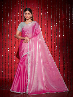 Tikhi Imli - Pink Solid Embellished Border Saree with Unstitched Blouse