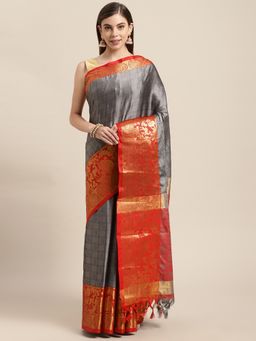 Vastranand - Grey & Red Ethnic Woven Design Zari Silk Blend Banarasi Saree with Unstitched Blouse