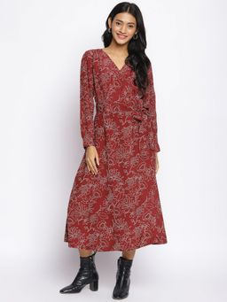Fabindia - Maroon Viscose Hand Block Printed Midi Dress