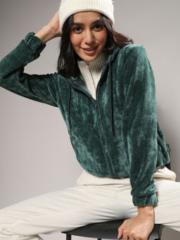 Campus Sutra - Women Forest Green Zip-Front Fleece Hoodie Sweatshirt