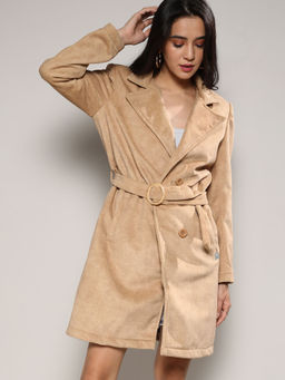 Campus Sutra - Women Beige Single-Breasted Long Overcoat with Belted Waist (Set of 2)
