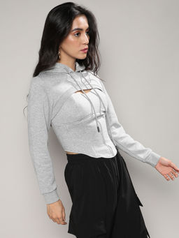 PINACOLADA - Women Light Grey Corset Top with Ultra Cropped Hoodie (Set of 2)