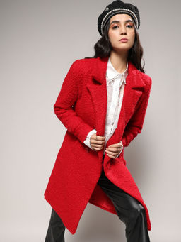 Campus Sutra - Women Scarlet Red Double-Breasted Sherpa Long Overcoat