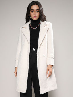 Campus Sutra - Women White Double-Breasted Sherpa Long Overcoat