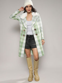 Campus Sutra - Women Pistachio Green Fleece Tartan Plaid Long Overcoat