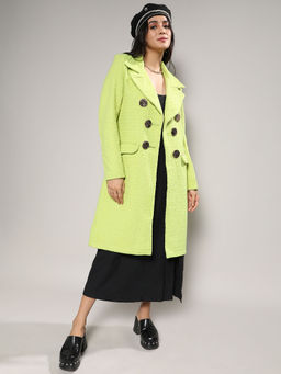 Campus Sutra - Women Neon Green Double- Breasted Textured Long Overcoat