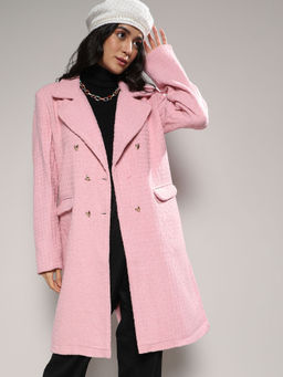 Campus Sutra - Women Blush Pink Double-Breasted Self-Design Long Overcoat