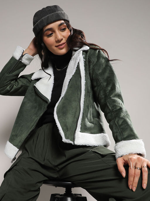 Buy Campus Sutra Women Seaweed Green Fleece Lined Biker Jacket Online