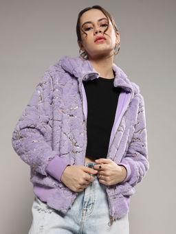 Campus Sutra - Women Lilac Metallic Veined Faux Fur Jacket
