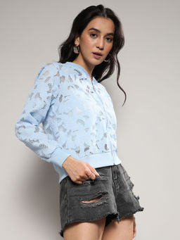 Campus Sutra - Women Sky Blue Self-Design Botanical Jacket