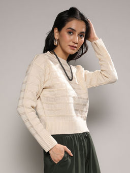 Campus Sutra - Women Beige Geometric woven Knit Sweater