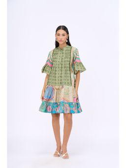 Siddhartha Bansal - Green Printed Summer Time Drop Waist Dress