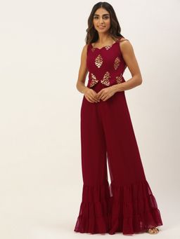 Ethnovog - Ready to Wear Maroon Georgette Sequins Jumpsuit