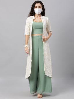 Ethnovog - Green and White Embroidered Jacket with Blouse and Palazzos (Set of 3)