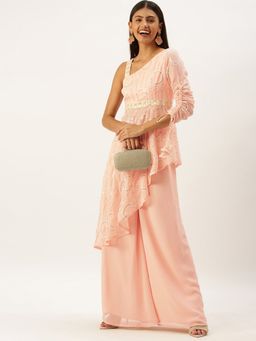 Ethnovog - Peach Embroidered Georgette Indo Western Top with Palazzos (Set of 2)