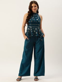 Ethnovog - Ready to Wear Teal Blue Embroidered Top with Wide Leg Pants (Set of 2)