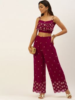 Ethnovog - Ready to Wear Maroon Embroidered Blouse with Pants (Set of 2)