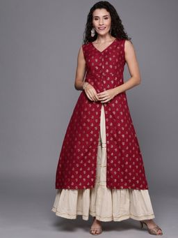 Ethnovog - Ready to Wear Maroon Foil Printed Rayon A Line Kurta