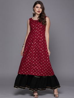 Ethnovog - Ready to Wear Maroon Foil Print Princess Cut Kurta