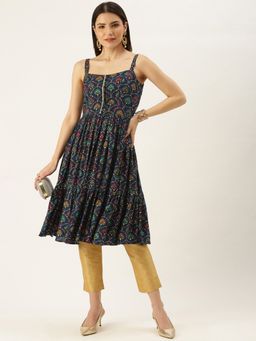 Ethnovog - Ready to Wear Blue Foil Print Rayon Tiered Gathers Kurta