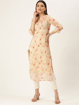 Ethnovog - Ready to Wear Beige Sheer Neck Organza Kurta