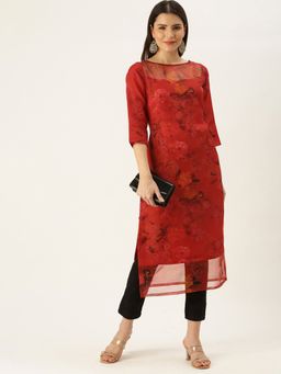 Ethnovog - Ready to Wear Red Sheer Neck Organza Kurta