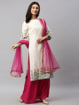 Ethnovog - Ready to Wear Off White Gota Patti Cotton Palazzos Suit (Set of 3)