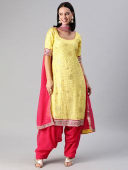Ethnovog - Ready to Wear Yellow Embroidered Kurta with Patiala Salwar and Dupatta (Set of 3)