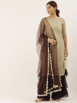 Ethnovog - Ready to Wear Beige and Brown Sequined Kurta with Gharara and Dupatta (Set of 3)