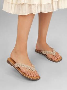 Twenty Dresses by Nykaa Fashion - Gold Embellished Floral T-Strap Flat Slippers for Women