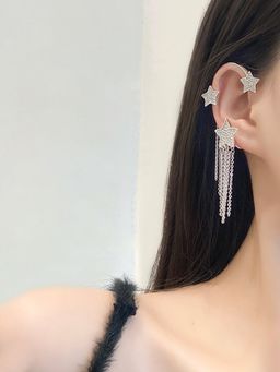 Yellow Chimes - Silver Tone Star Studded with Chain Fringes Earcuffs