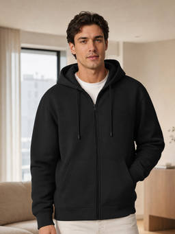 Nobero - Men Black Solid Regular Fit Cotton Fleece Zipper Hoodie