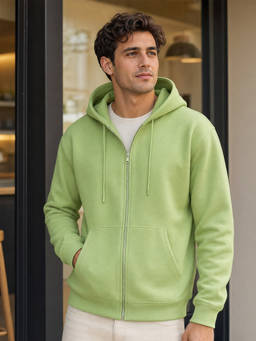 Nobero - Men Green Solid Cotton Fleece Zipper Hoodie