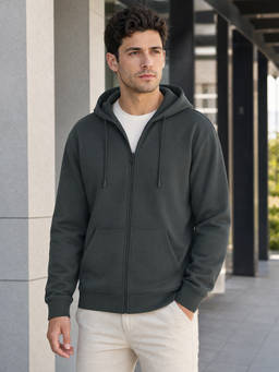 Nobero - Men Grey Solid Cotton Fleece Zipper Hoodie