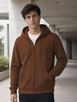 Nobero - Men Brown Solid Cotton Fleece Zipper Hoodie