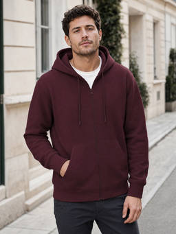 Nobero - Men Maroon Solid Cotton Fleece Zipper Hoodie