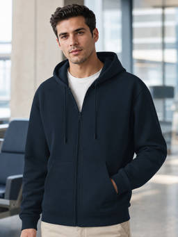 Nobero - Men Dark Blue Solid Cotton Fleece Zipper Hoodie